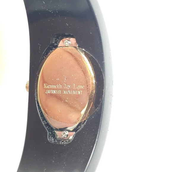 KJL By Kenneth Jay Lane Black Bangle Bracelet Watch Gold Accents Japanese Move't - Picture 5 of 6